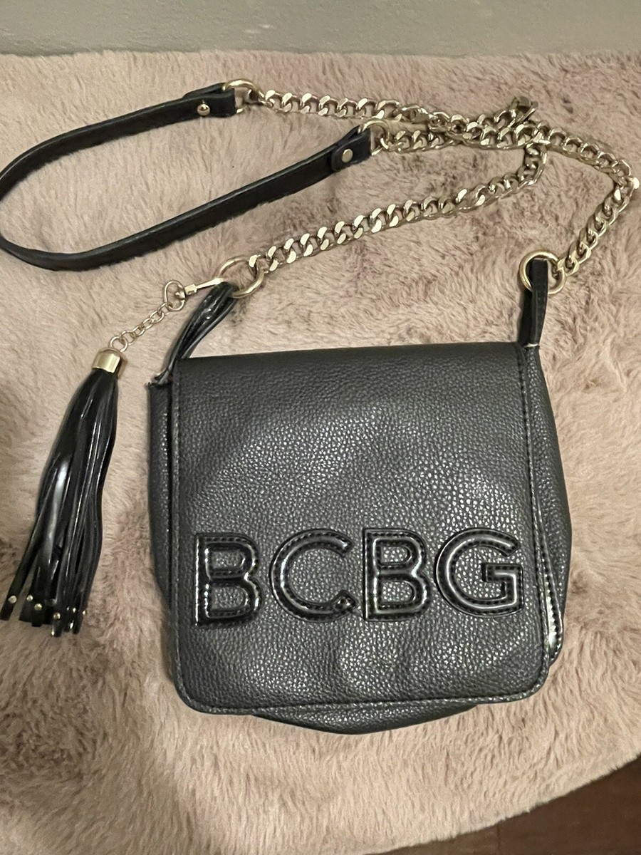 BCBG Paris Black Gold Chain Strap Crossbody Bag Purse Handbag Faux Leather