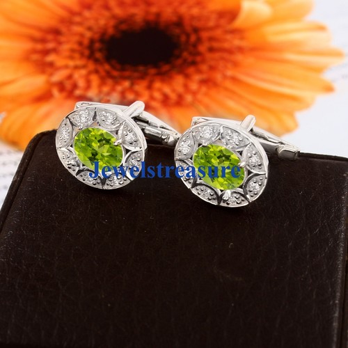 Natural Peridot & CZ Gemstones with925 Sterling Silver Cufflinks For Men's #931 - Picture 3 of 7