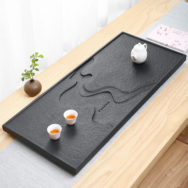 China Black Stone Tea Tray Engraved Serving Tray Water Draining Tea Boat Heavy - Image 2 of 4