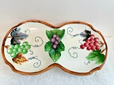 VTG Lefton China Hand Painted Sculpt Grape Leaf Handle Tidbit Serving Dish Tray
