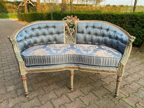 Sofa French Louis XVI Corbeille Blue Damask Vintage Gold Gilt Settee Chic - Picture 4 of 22