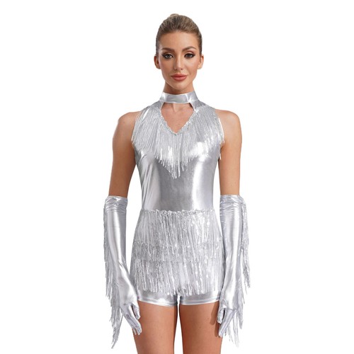 Body donna metallizzato lucido senza maniche con nappe guanti costume danza jazz - Foto 8 di 112