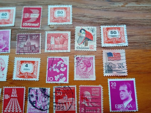 Pink Red Used World Postal Stamps, Lot of 40 Vintage Postal Stamps 14 Countries - Picture 5 of 13