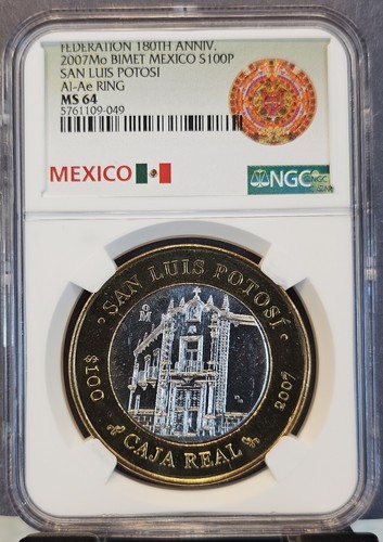 2007 MEXICO SILVER 100 PESOS SAN LUIS POTOSI CAJA REAL NGC MS 64 GREAT BU LUSTER - Picture 1 of 3