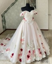 Pink Princess Wedding Dress Off Shoulder Sleeveless 3D Lace Flowers Bridal Gowns