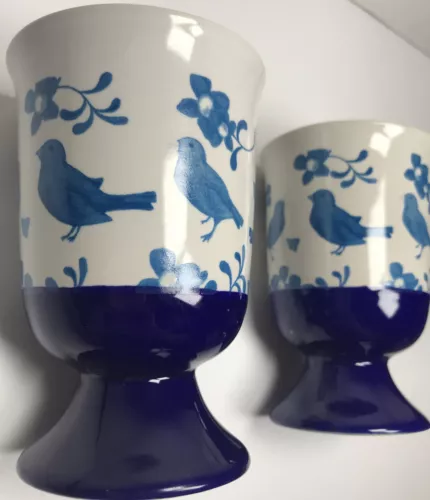 Pottery Latte Cup Set of 2 Cobalt Blue White Painted Floral Birds 5” Mug (2) NOS