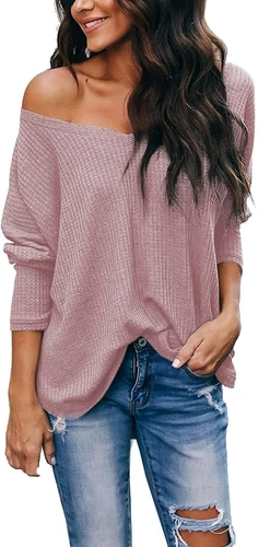iGENJUN Women's Casual V-Neck Off-Shoulder Batwing Sleeve Pullover Sweater Tops - Picture 46 of 94