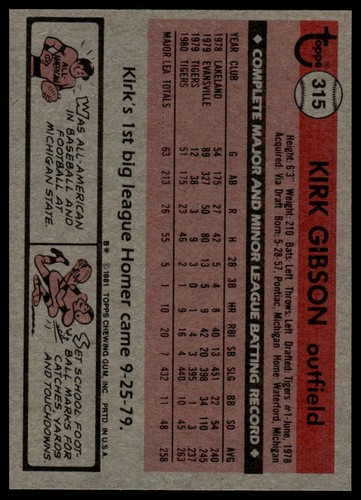 Kirk Gibson 1981 Topps #315 - Imagen 2 de 2