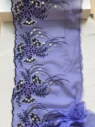 Floral Sequins Embroidered Lace Trim with Purple Tulle Base/Sewing/Craft/6" Wide - Picture 15 of 15
