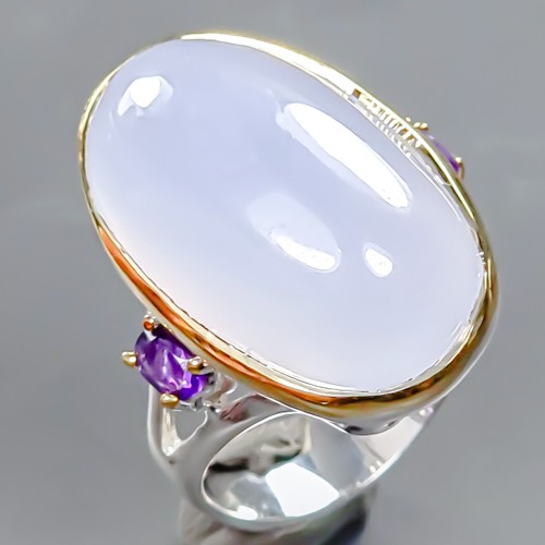 Damenring 26 Karat Natur Chalcedon Ring 925 Sterling Silber Größe 8 /R428574