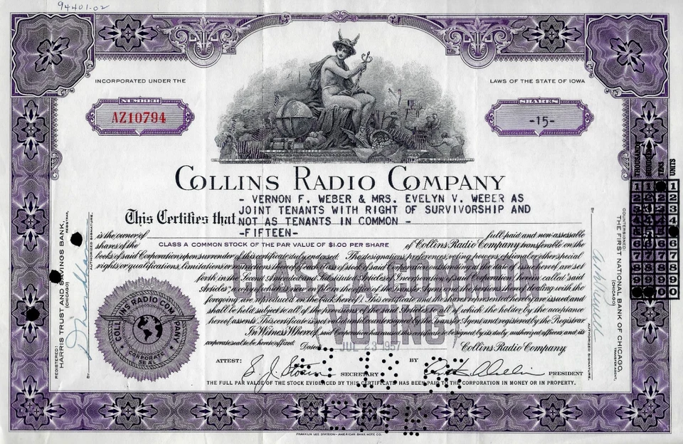 Collins Radio Company, Iowa, 1957  (15 Shares, Class A) - Bild 1 von 1