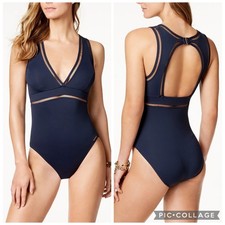 Michael Kors Navy One Piece Swimsuit Sz 10 Crisscross Plunge Keyhole Cruise 114