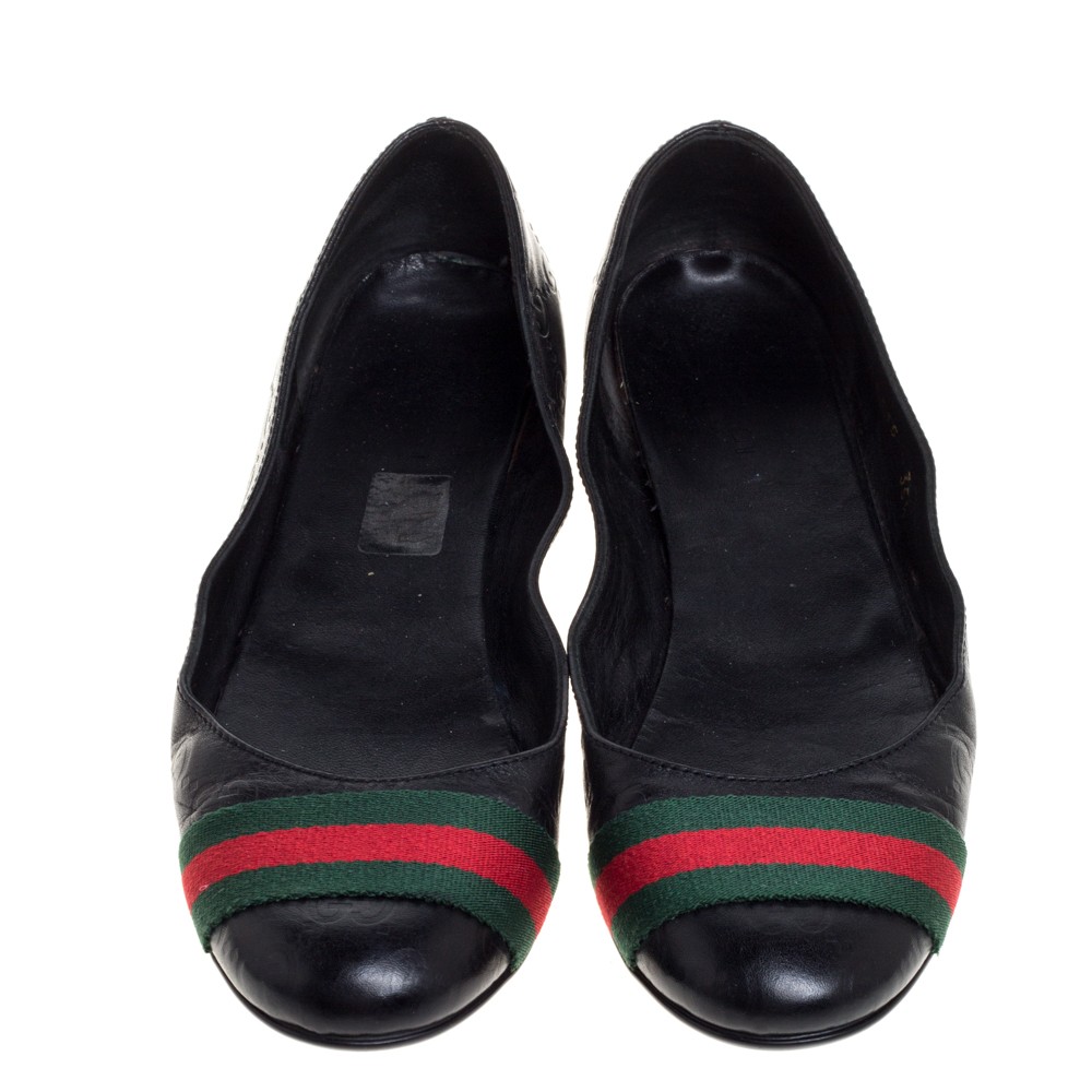 VIP【関税送料無料】希少 GUCCI BLACK LEATHER FLATS Gucci Black Guccissima Leather Web Stripe Ballet Flats Size