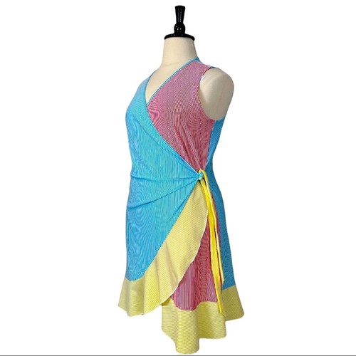Lands’ End New. Women's Dress Blue Red Yellow Stripe Seersucker Wrap Size XL - Picture 4 of 13