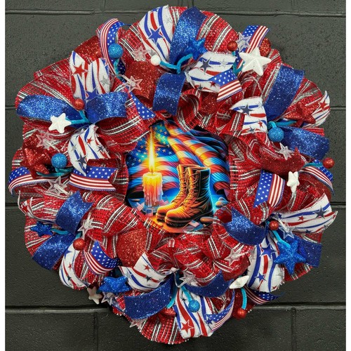 Patriotic Wreath With Lights Pre Lit Memorial Day July 4th Wreath Handmade 24 In - Picture 3 of 15