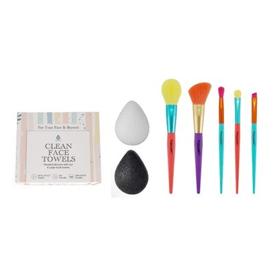 Flawless Skin & Makeup Prep Kit   Brush Set, XL Clean Face Towels & Konjac Spong