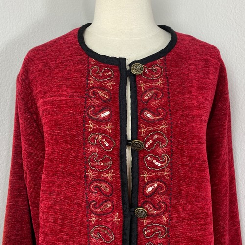 Vintage White Stag Ruby Red Beaded Velour Jacket Large Lined Embroidered Holiday - Picture 2 of 16