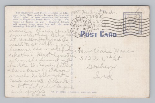 Postal BILOXI, MISS. Edgewater Gulf Hotel, entre Gulfport y Biloxi - Imagen 2 de 2