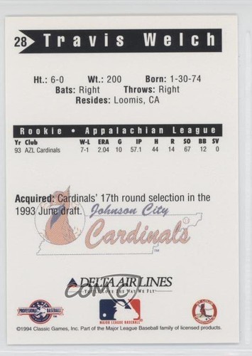 1994 Classic Johnson City Cardinals Travis Welch #28 - Picture 2 of 3