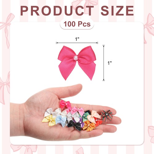 100 Pcs Mini Rose Red Ribbon Bows with Pearl 1" Ribbon Flowers Appliques - Picture 2 of 5