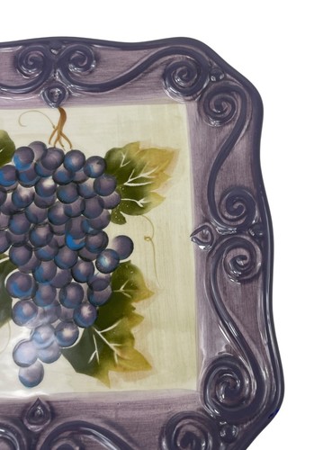 Piatto Insalatiera Quadrato 8" Rotolo Goffrato Uva Merlot da Tavolo Dipinto a Mano - Foto 5 di 9