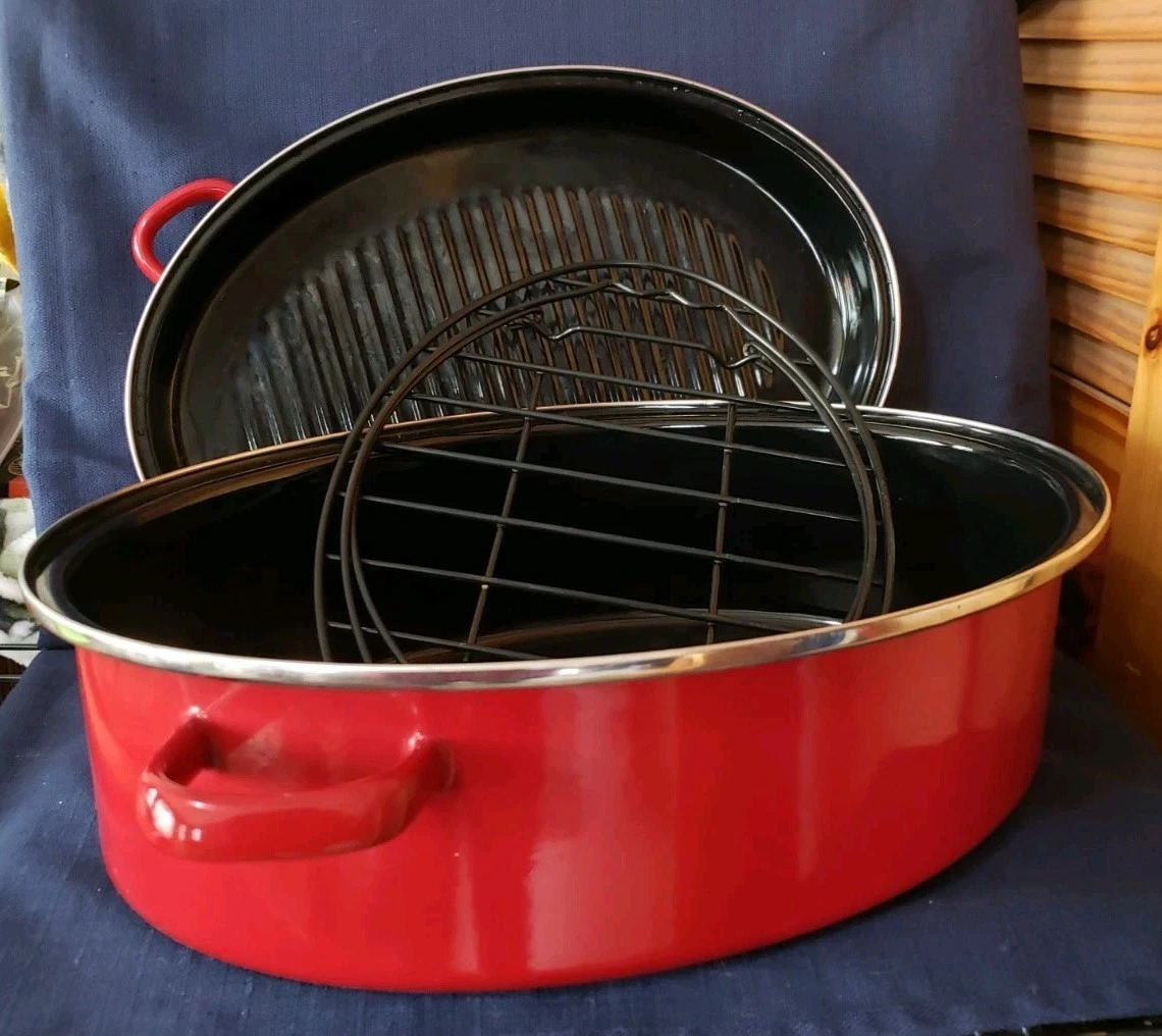 Chantal(?) Riess(?) Red Lidded Enameled Steel Roasting Pan w/Lifting Cradle EUC