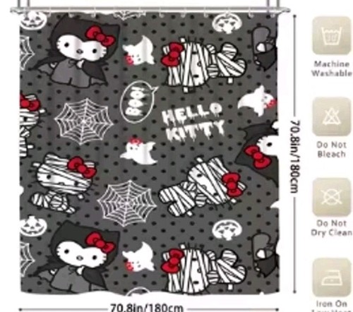 Hello Kitty SCHWARZ HALLOWEEN DRUCK DUSCHVORHANG 70,8" MIT WEISSEN KUNSTSTOFFHAKEN
