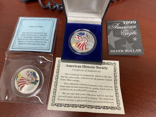 1999 & 2000 American Eagle Colorized Fine Silver Dollar Coin w/COA 1oz NEW