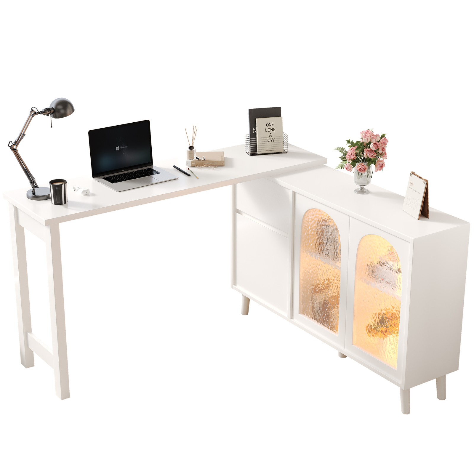 Eckschreibtisch Modern Bürotisch Computertisch mit LED Sideboard Arbeitsplatte