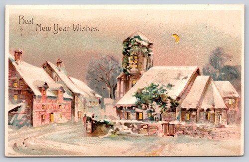 Hold-To-Light/ Transparency of Snowy Village New Years Greeting Hoilday Postcard - Picture 2 of 3