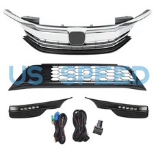 Front Upper/Lower Grille W/Foglights Combo Set Fits Honda Accord Sedan 2016-2017