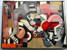 VINTAGE ABSTRACT PAINTING CUBISM GUN RIGHTS MODERNISM MID CENTURY LARGE MYSTERY