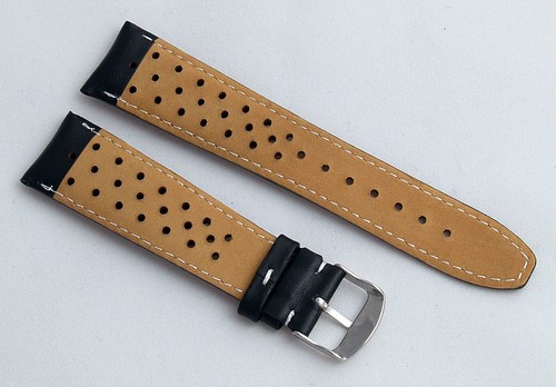 22 mm Carrera Style SCHWARZ SPORT PERFORIERT DORNSCHLIESSE LEDER UHRENARMBAND BAND - Bild 4 von 5