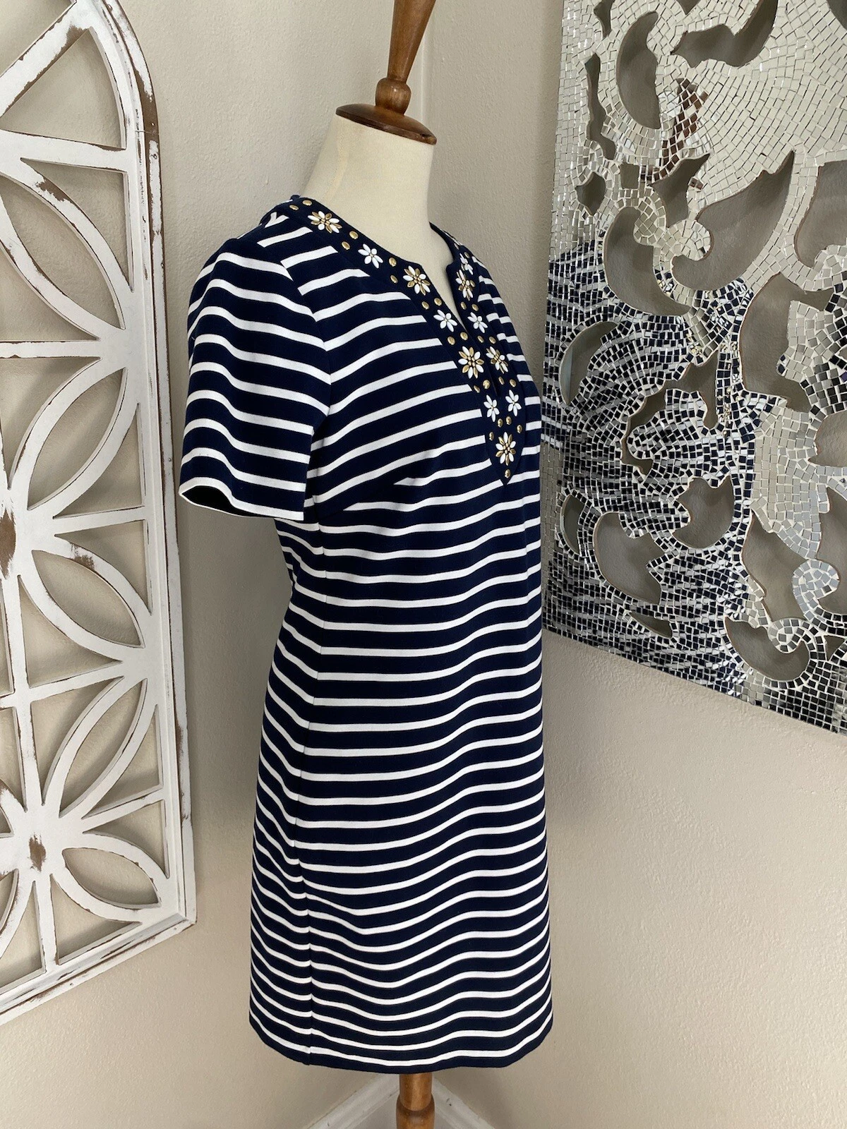 ABITO TUBINO MICHAEL KORS piccolo NAVY BIANCO RIGHE FLOREALE COLLO BORCHIE MANICA CORTA