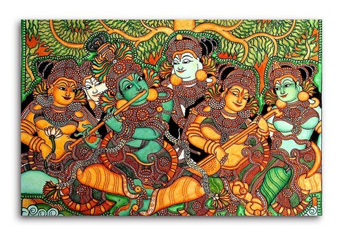  Kerala Mural Canvas Painting Radha Krishna Art Size-36X24 Inches  - Picture 1 of 2
