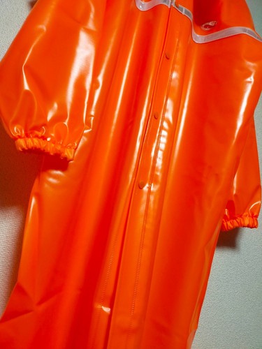 Gloss orange heavy PVC raincoat longcoat Asian xl hooded rainwear plastic - Picture 2 of 13