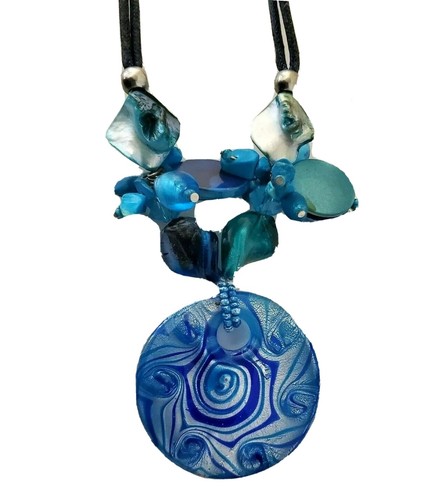 Artsy Blau & Silber Grob Murano Glas Halskette-Ozean-Statement Stück - Bild 1 von 6