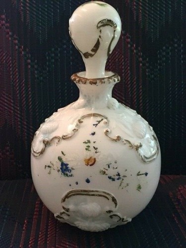 Dithridge Milk Glass Apothecary Vanity Barber Bottle Decanter Floral Cruet Trim - Picture 1 of 12