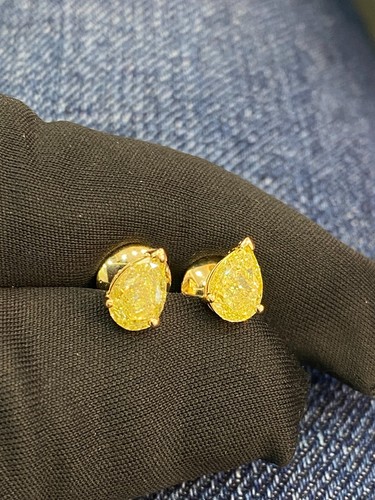 2 Cts Pear-Shaped Fancy Intense Yellow Diamonds Solitaire Stud Earrings 18K Gold - Picture 12 of 13