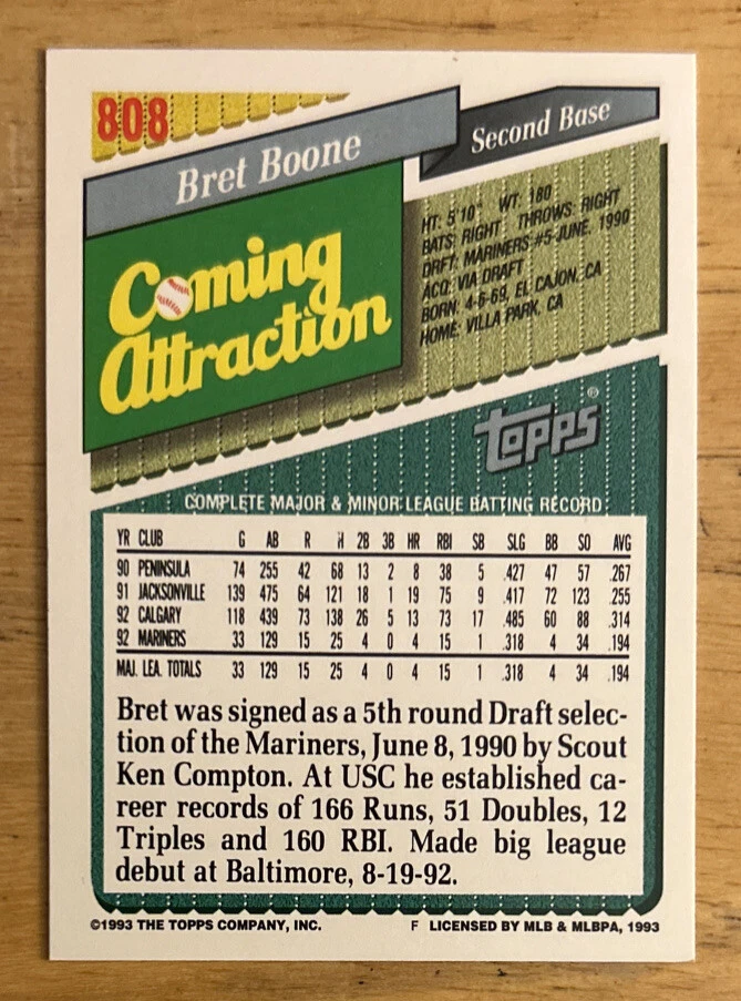 1993 Topps Brett Boone Coming Attraction Rookie Card (RC) #808 Mariners 2B NM OC - Image 2 of 2