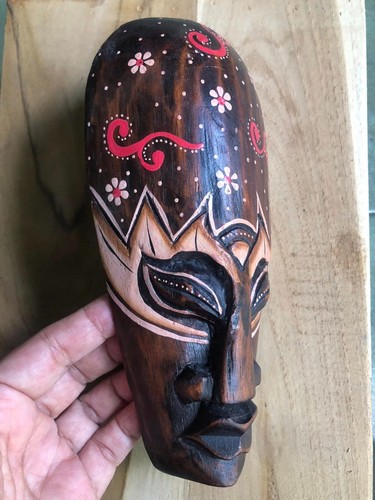 Tiki Art Bloom Wood Mask African Flower Wall Decor Hanging Hand Carved Brown 8" - Picture 8 of 11