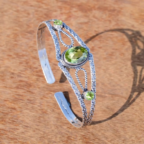 Apple Green Peridot Gemstone 925 Sterling Silver Bangle Cuff Designer Jewelry - Picture 6 of 7