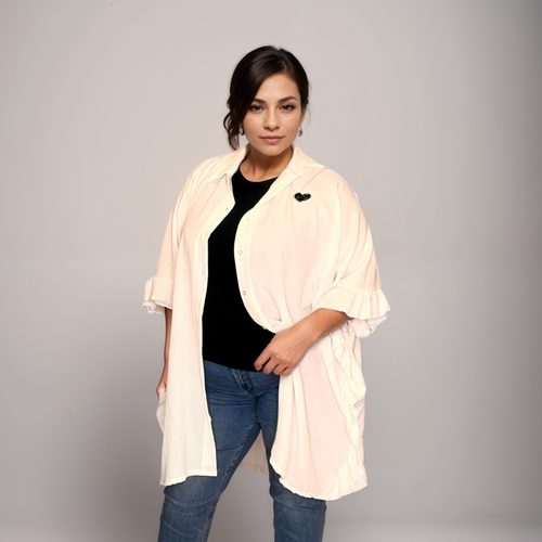 ROCKTHOSECURVES CAMICIA DONNA OVERSIZE ARRICCIATA FIANCHI E CUORE SCINTILLANTE - Foto 6 di 9