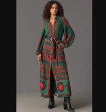 Women's XXS Farm Rio x Anthropologie long-sleeve maxi shirt dress in green