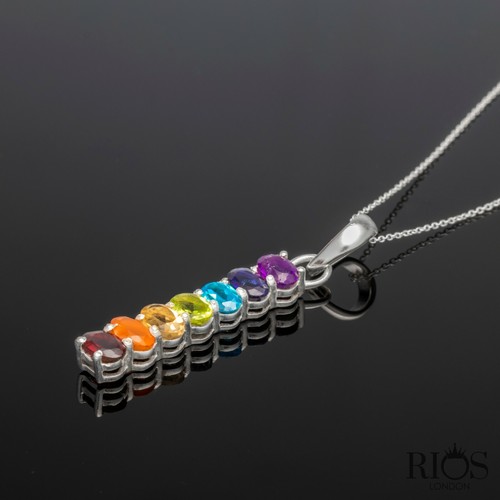 925 Sterling Silver Rainbow Bar Necklace 7 Gemstones Lab-Created Gift Boxed - Picture 12 of 16