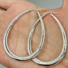Vintage Big Sterling Silver Modernist Wide Puffed Oval Hoop Earrings 2.25  Signd