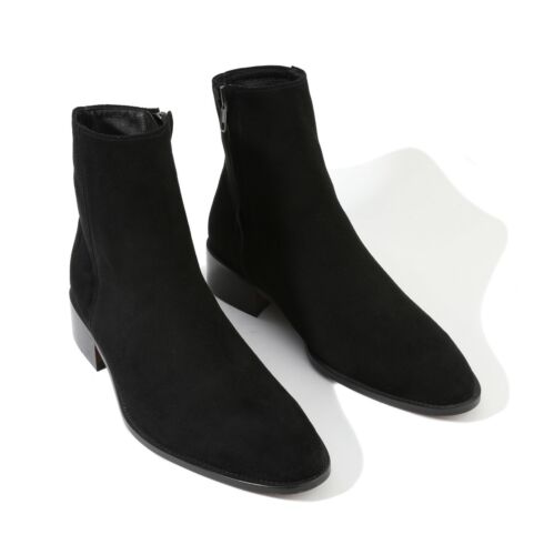 Firenze Atelier Para Hombre Hecho a Mano Negro Gamuza Puntera Puntera Puntera de Vestido Cremalleras - Imagen 3 de 12