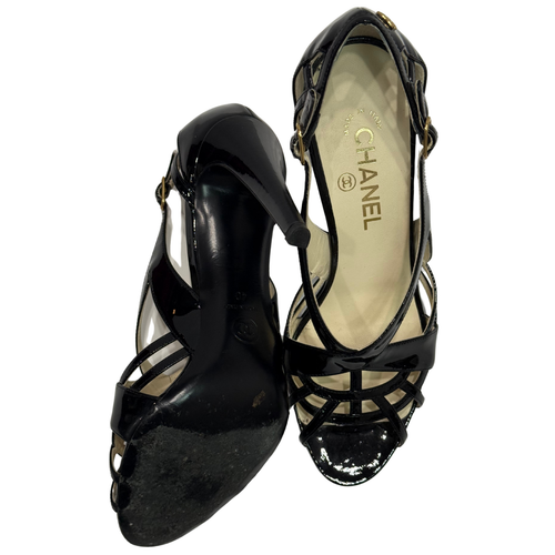 $925 Chanel Black Patent Leather Strappy Pump size 10 / eu 40 - Picture 12 of 14