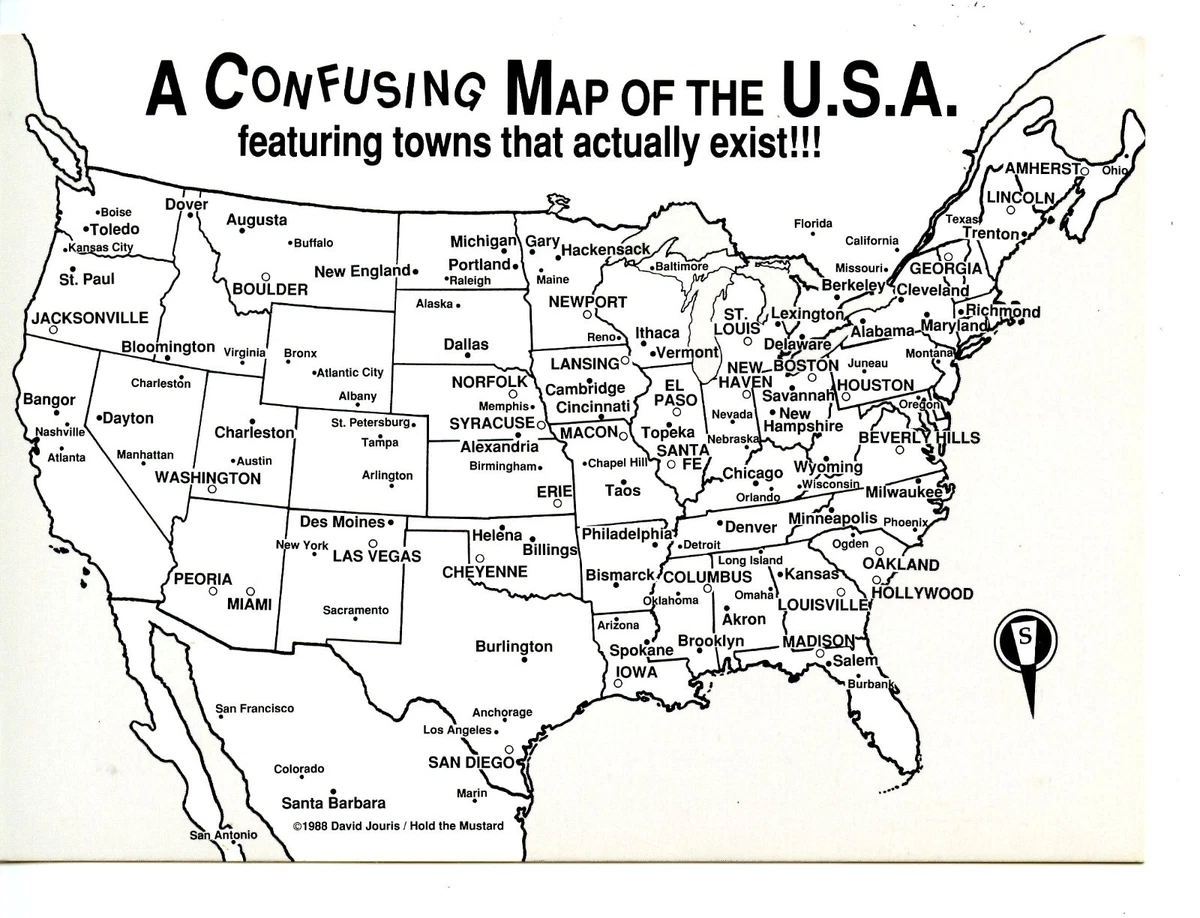 Unusual Actual Confusing Town Names State Map of USA-Vintage 1988 Comic  Postcard | eBay
