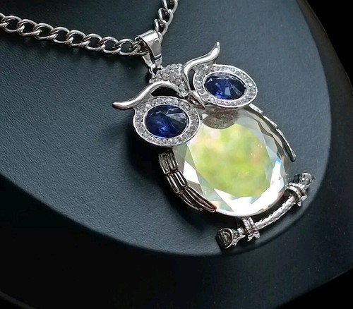 Lange Kette Anhänger Eule  Blaue Augen silberfarben XXL Modeschmuck  - Bild 2 von 7